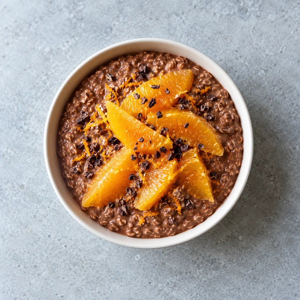 Bol d'overnight oats au cacao et orange : texture crémeuse brune garnie de quartiers d'orange frais.