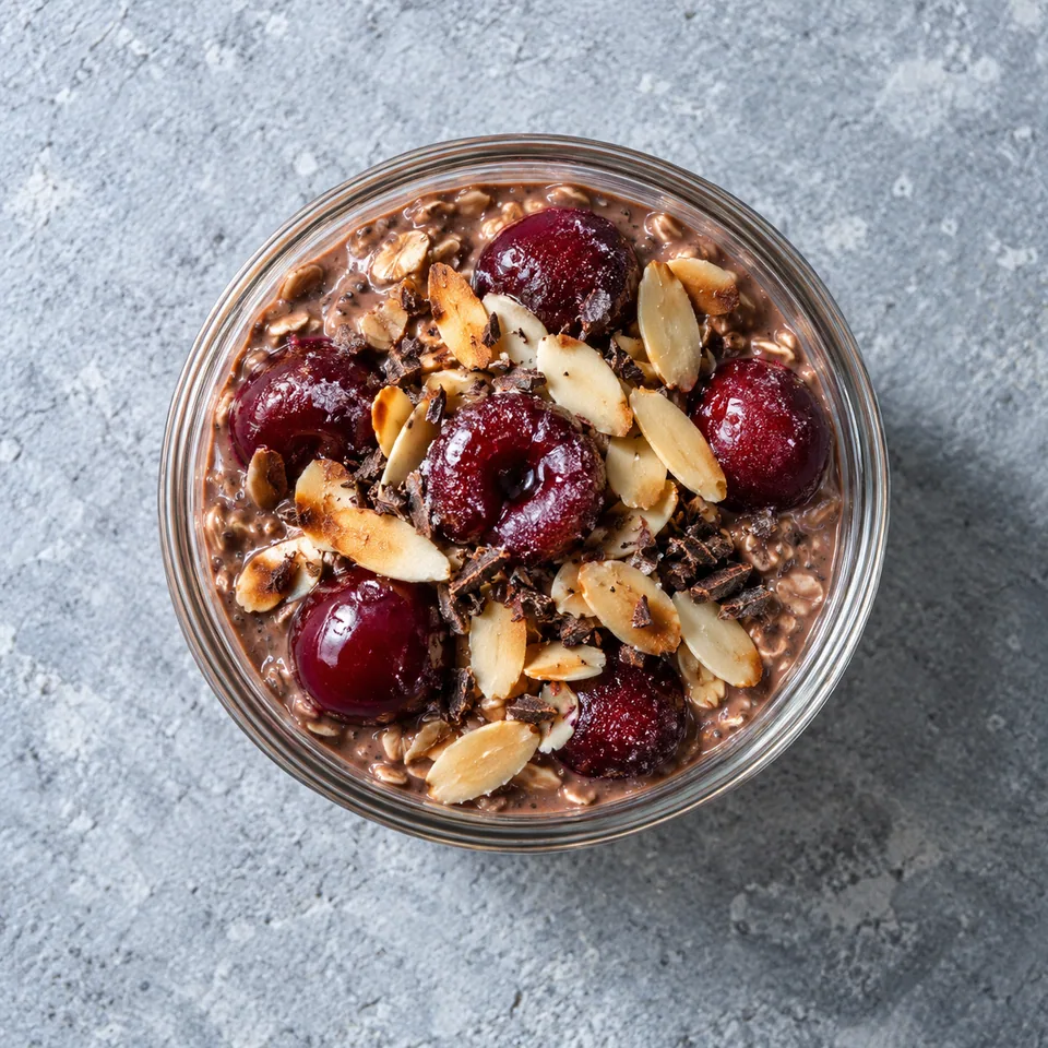 Overnight oats chocolat-cerise au skyr dans une verrine en verre, avec cerises et amandes effilées.