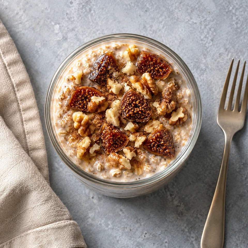 Overnight oats figue, noix et cannelle dans une verrine en verre, garni de figues et noix.