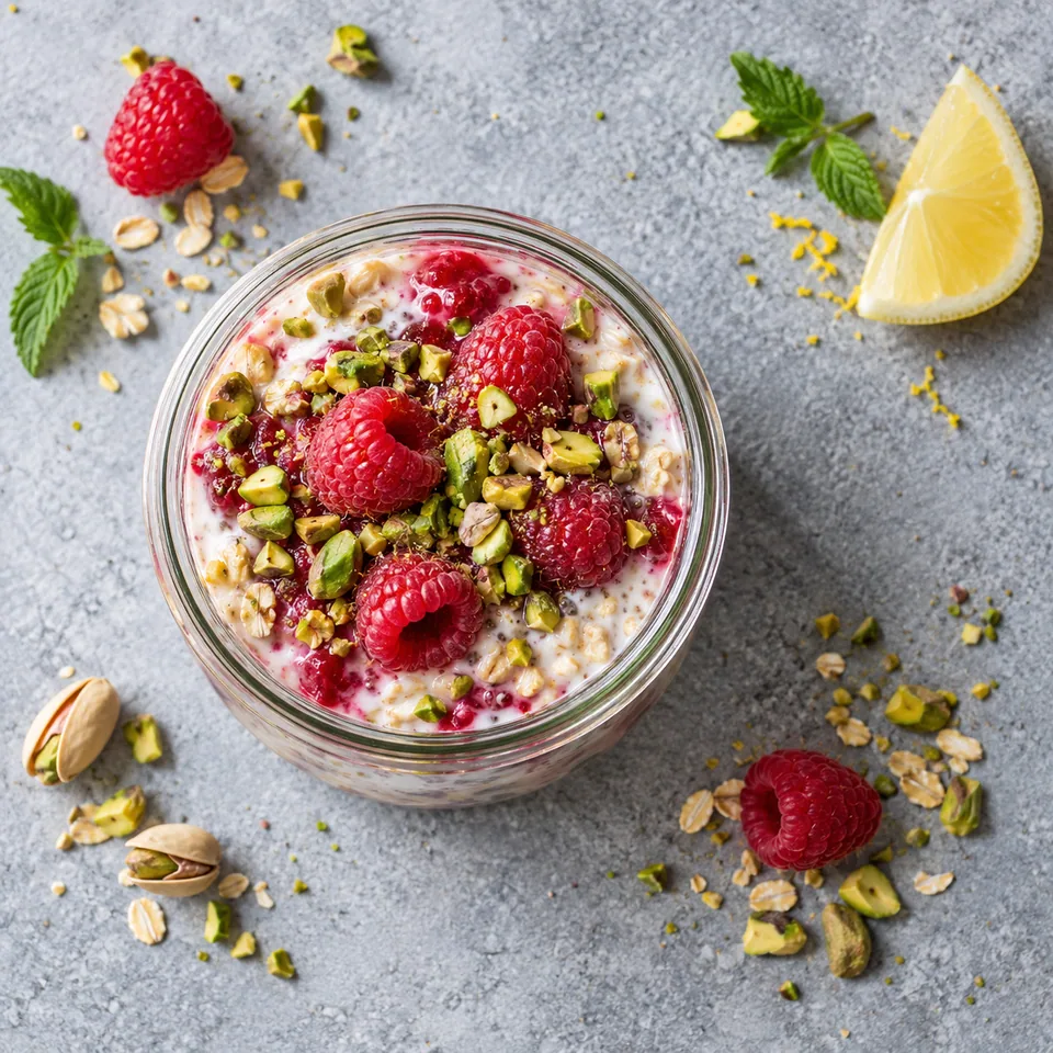 Overnight oats framboise-pistache au skyr dans un bocal en verre, avec framboises rouges et pistaches vertes.