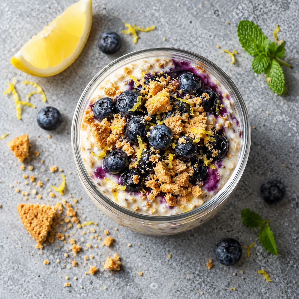 Overnight oats myrtille-citron façon cheesecake dans une verrine : texture crémeuse, myrtilles rouges et biscuit croustillant.