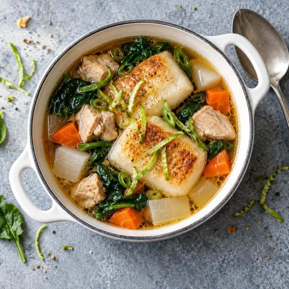 Ozoni japonais : cocotte blanche contenant bouillon, poulet, légumes et mochi dorés parsemés de zeste de citron.