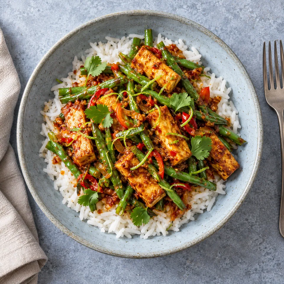 Pad prik khing de tofu et haricots verts sur riz jasmin, sauce brillante et zestes de citron vert.