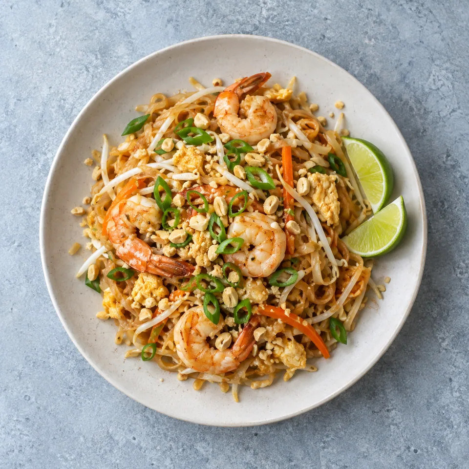 Pad thaï aux crevettes : nouilles mêlées de crevettes, légumes et œufs, garnies de cacahuètes et d’oignon nouveau, avec du citron vert.