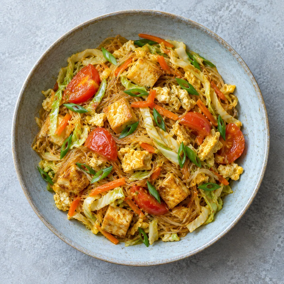 Assiette creuse bleu-gris contenant une portion de pad woon sen aux œufs, chou et tomate, avec vermicelles, tofu, légumes et ciboule.