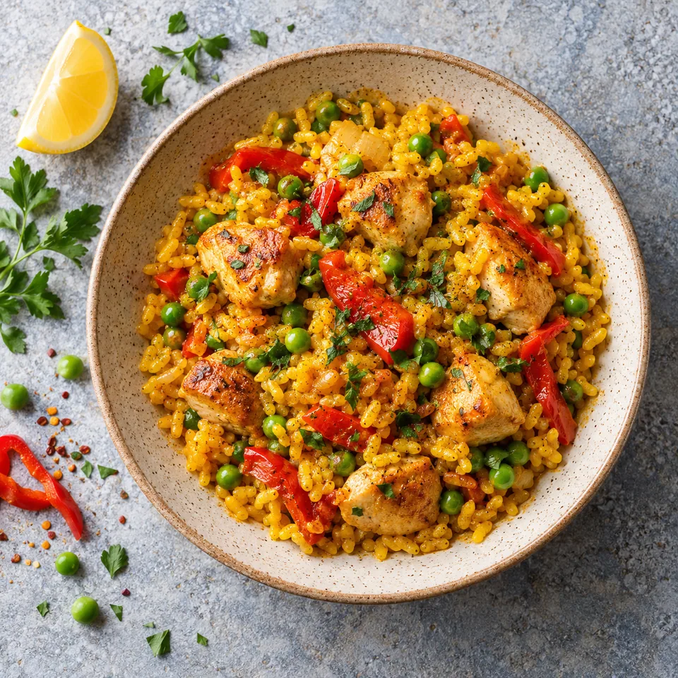 Paella express au poulet et petits pois : riz doré, poulet et pois verts dans une assiette beige.
