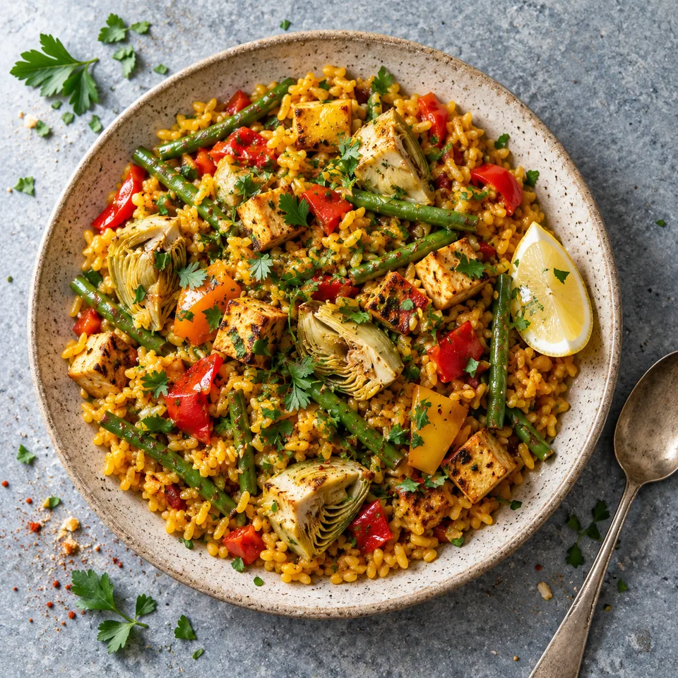 Portion de paella végétale aux haricots et artichauts sur assiette grès beige, riz doré, légumes colorés et persil.