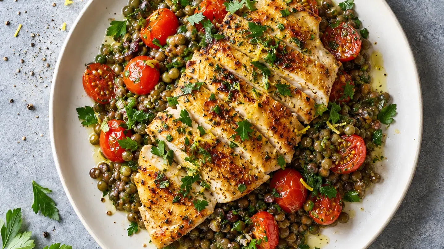 Paillard de poulet citronné, lentilles aux herbes