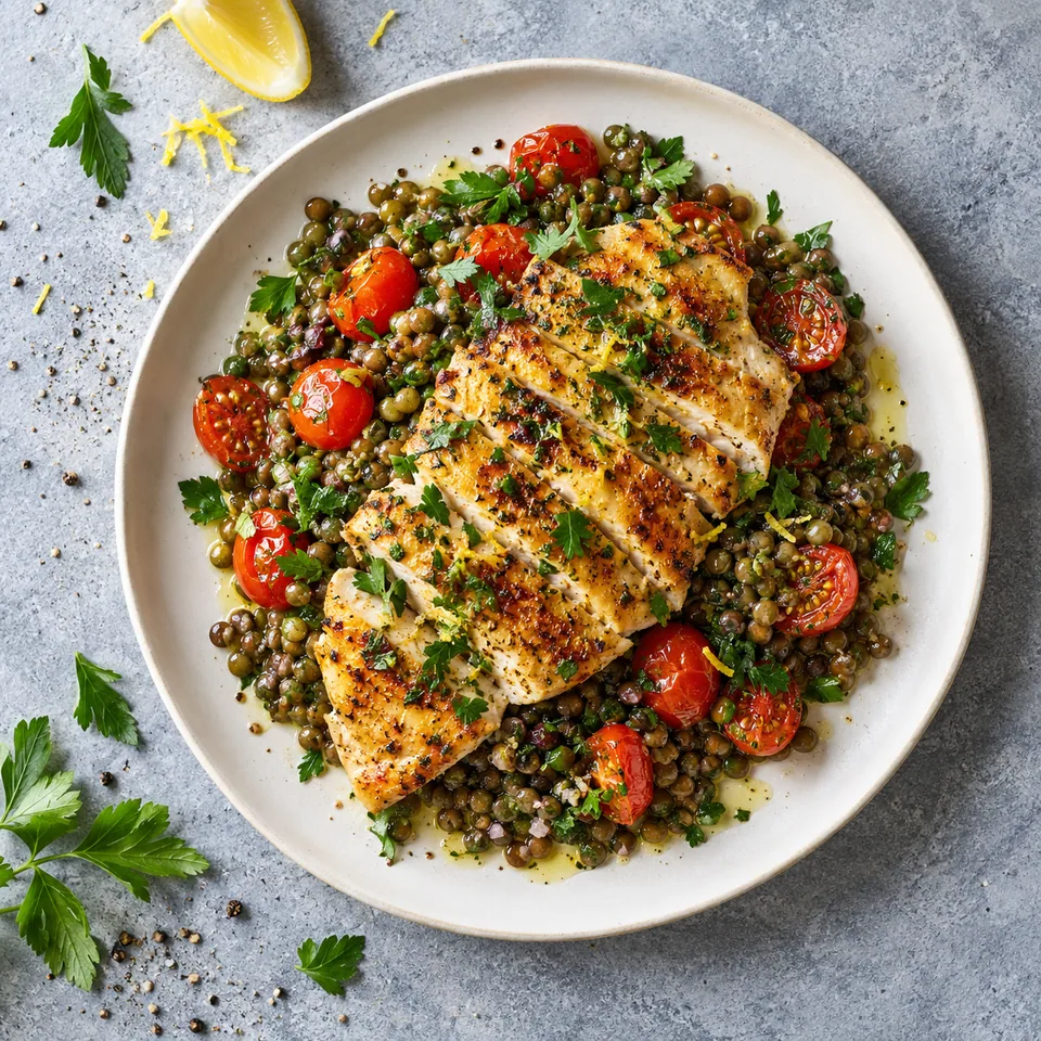 Paillard de poulet citronné sur lit de lentilles vertes et tomates cerises, nappé de vinaigrette, sur assiette blanche.