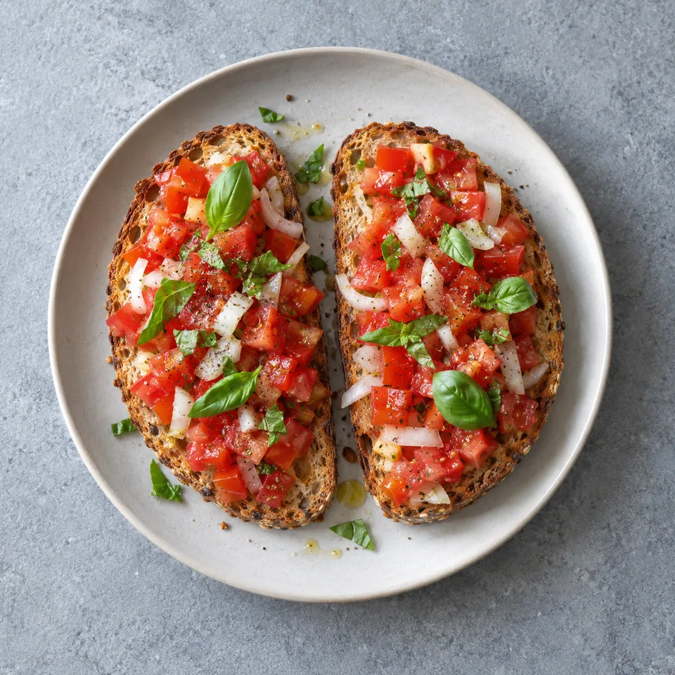 Pain à la tomate : deux tranches de pain grillé aux céréales garnies de dés de tomates, oignons et basilic frais.