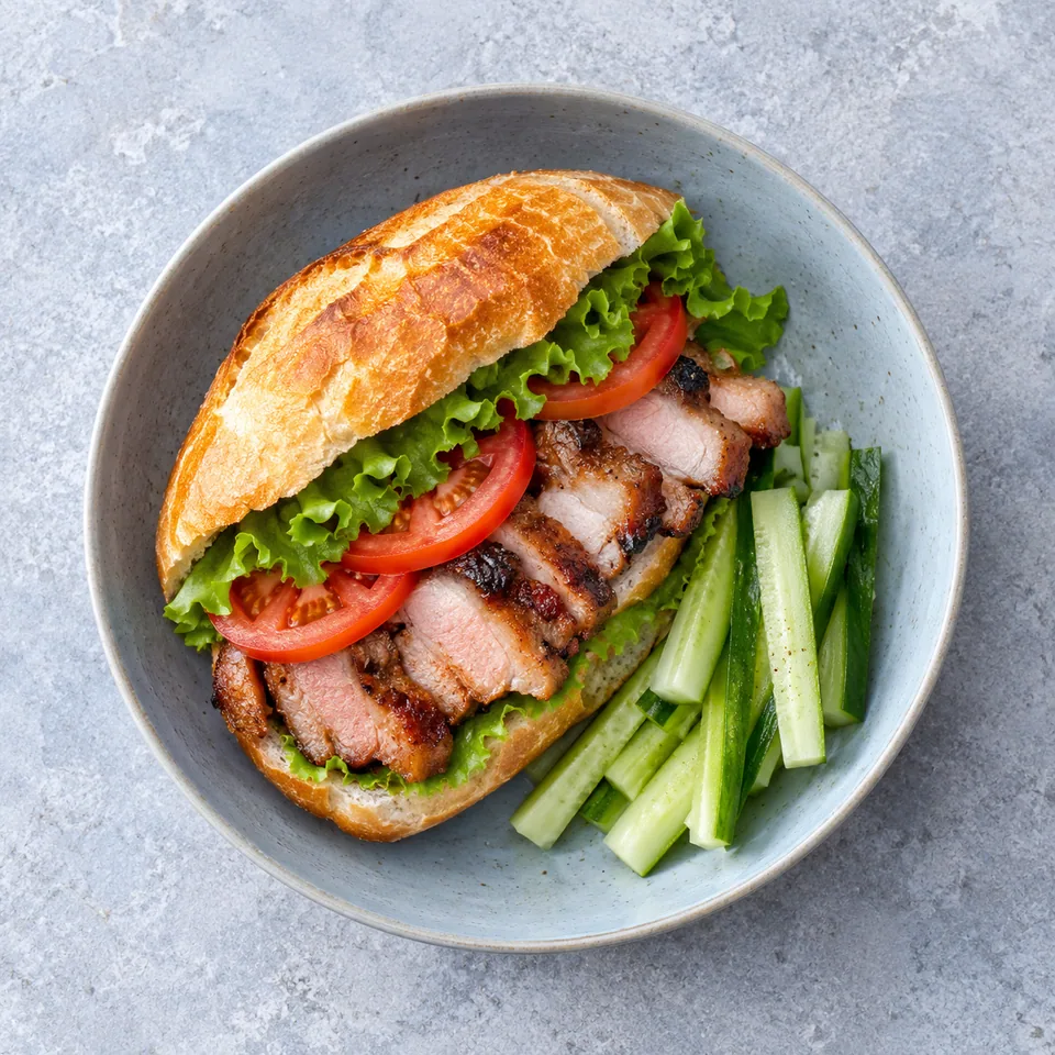 Pain au porc de Macao : petit pain doré garni de porc, tomate et laitue, accompagné de bâtonnets de concombre sur assiette bleue.