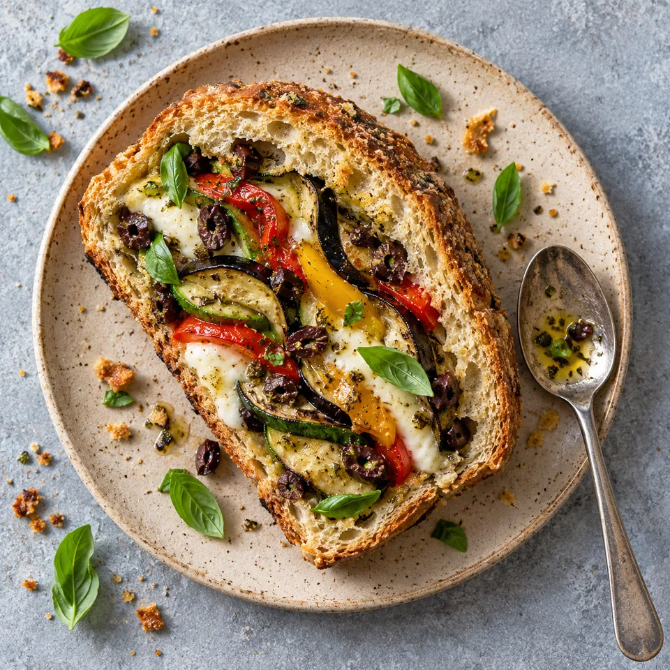 Pain de pique-nique aux légumes grillés et mozzarella : tranche garnie de légumes dorés, mozzarella et basilic sur assiette beige.