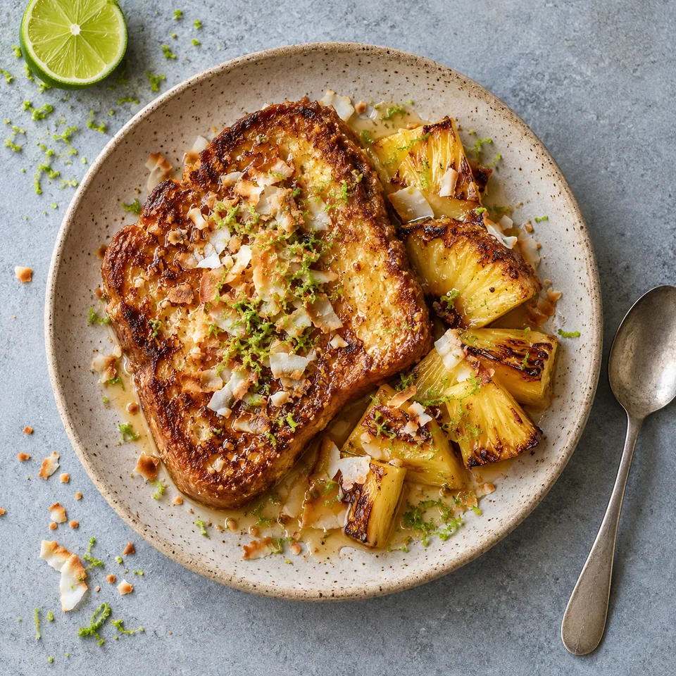 Assiette de pain perdu au coco et ananas rôti, doré, parsemé de zestes de citron vert frais.