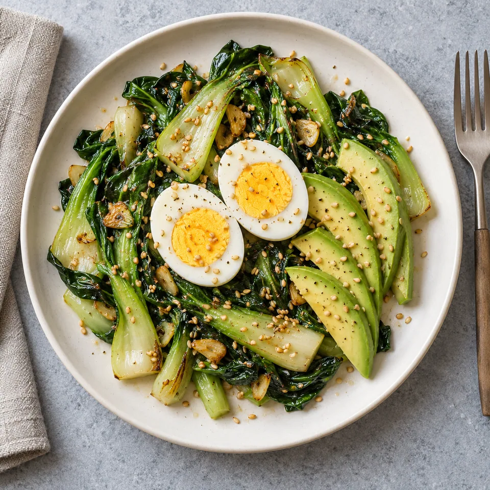 Pak choï sauté à l’ail, œufs bien cuits et sésame : légumes verts, œufs et avocat sur assiette blanche.