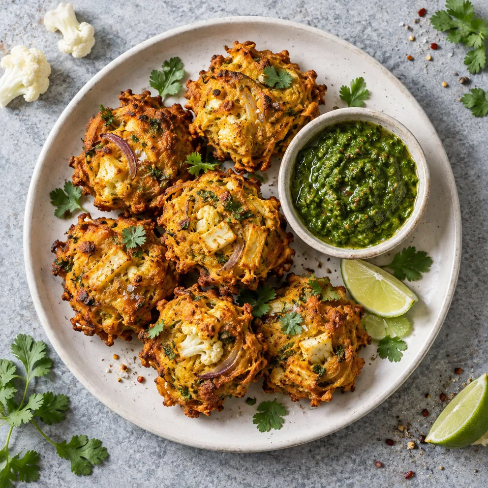 Pakoras de légumes au four dorés et chutney vert sur assiette blanche