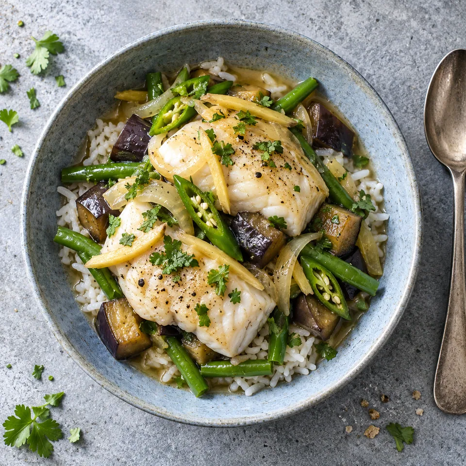 Assiette de Paksiw na isda : pavés de cabillaud, riz, aubergine et haricots verts dans un jus clair, sur assiette bleue.