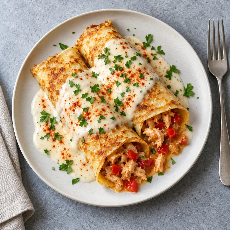 Palacsinta de Hortobágy au poulet paprika : crêpe roulée dorée, sauce blanche crémeuse et poivron rouge.