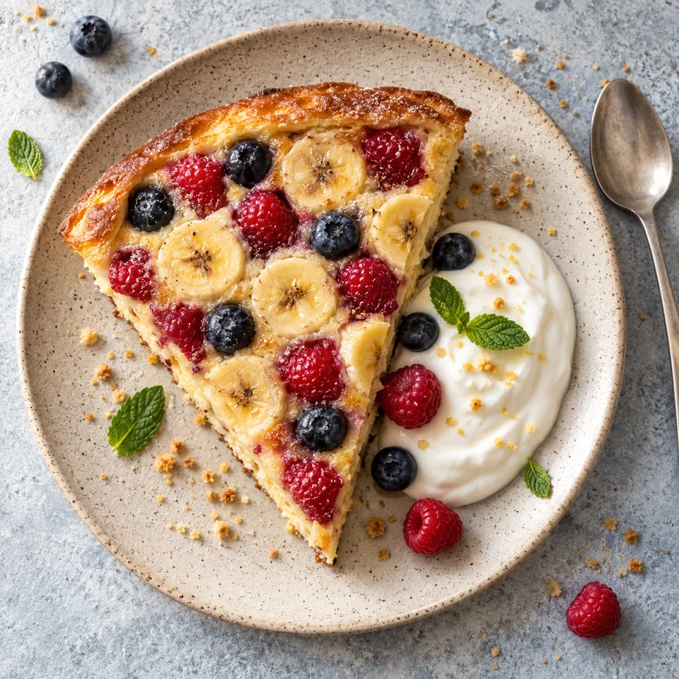 Part de pancake aux fruits sur assiette beige, garnie de yaourt blanc, banane, myrtilles et framboises.