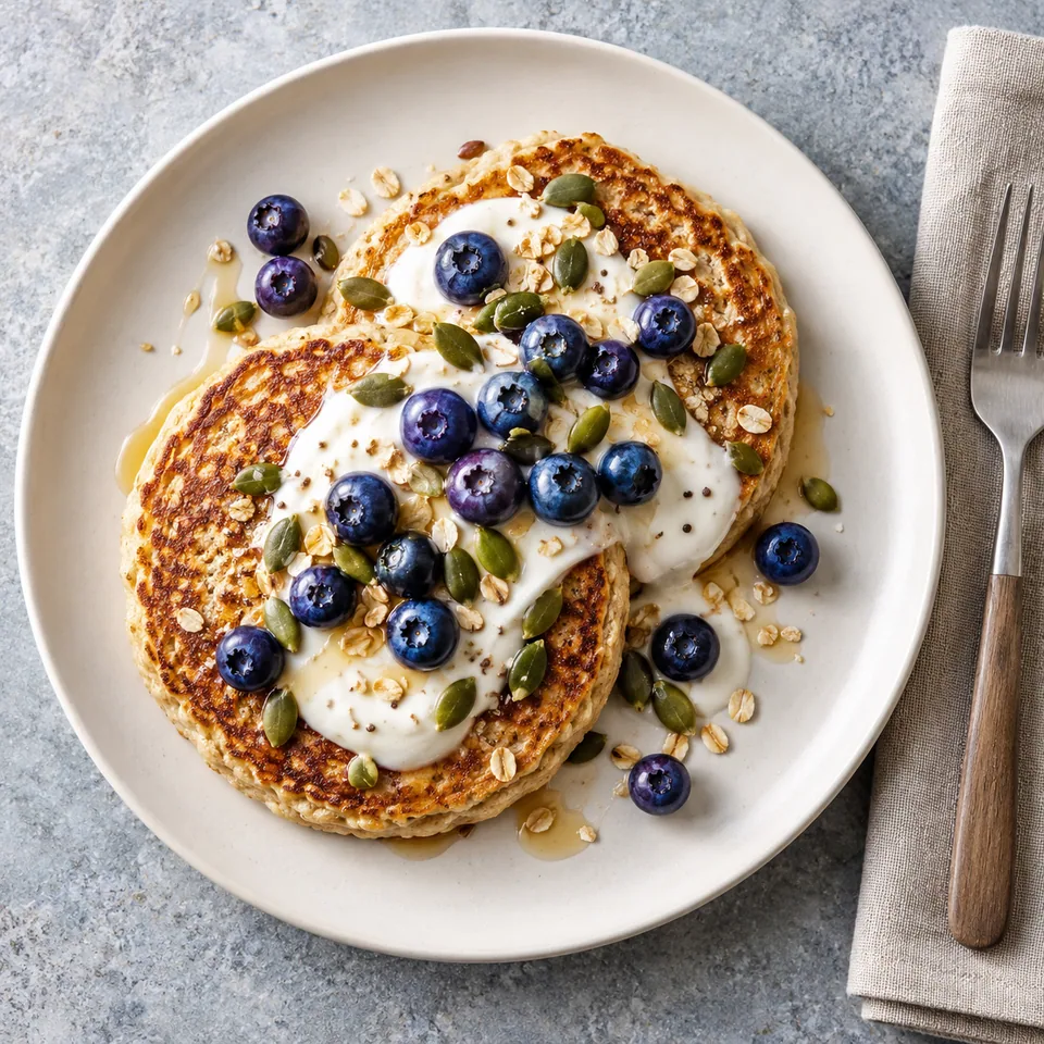 Pancakes au tofu et avoine sur assiette blanche, nappés de yaourt, myrtilles et graines de courge