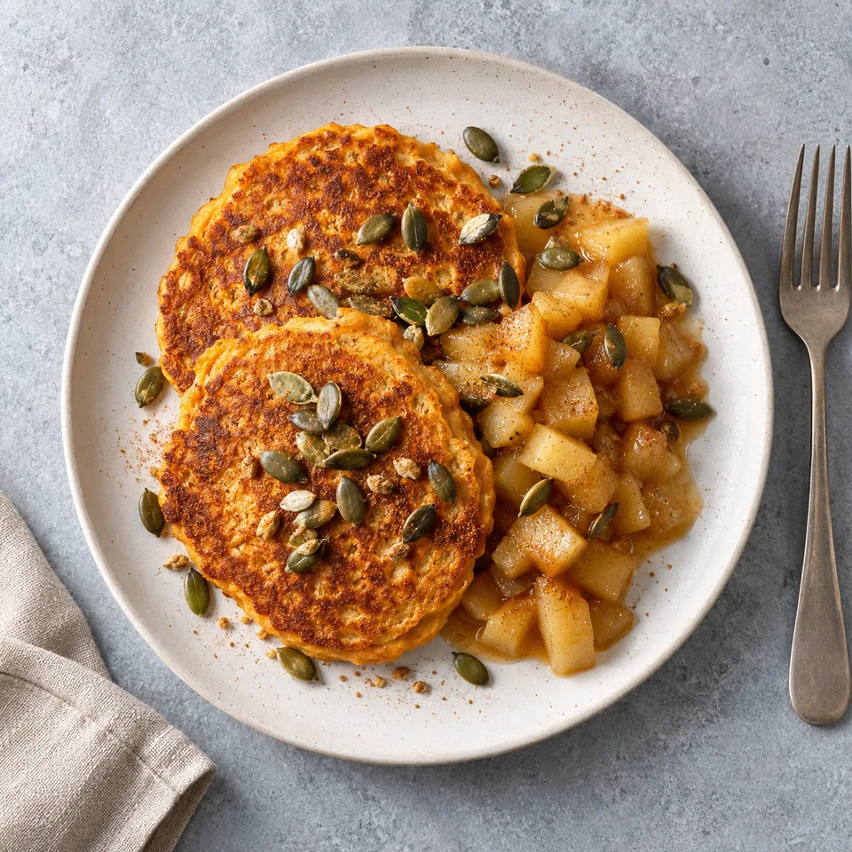 Pancakes de patate douce aux épices douces, dorés, servis avec compotée de pomme et graines de courge sur assiette blanche.