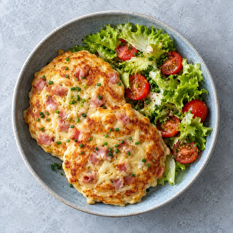 Pancakes salés au jambon et emmental sur assiette bleue avec salade de tomates et salade verte