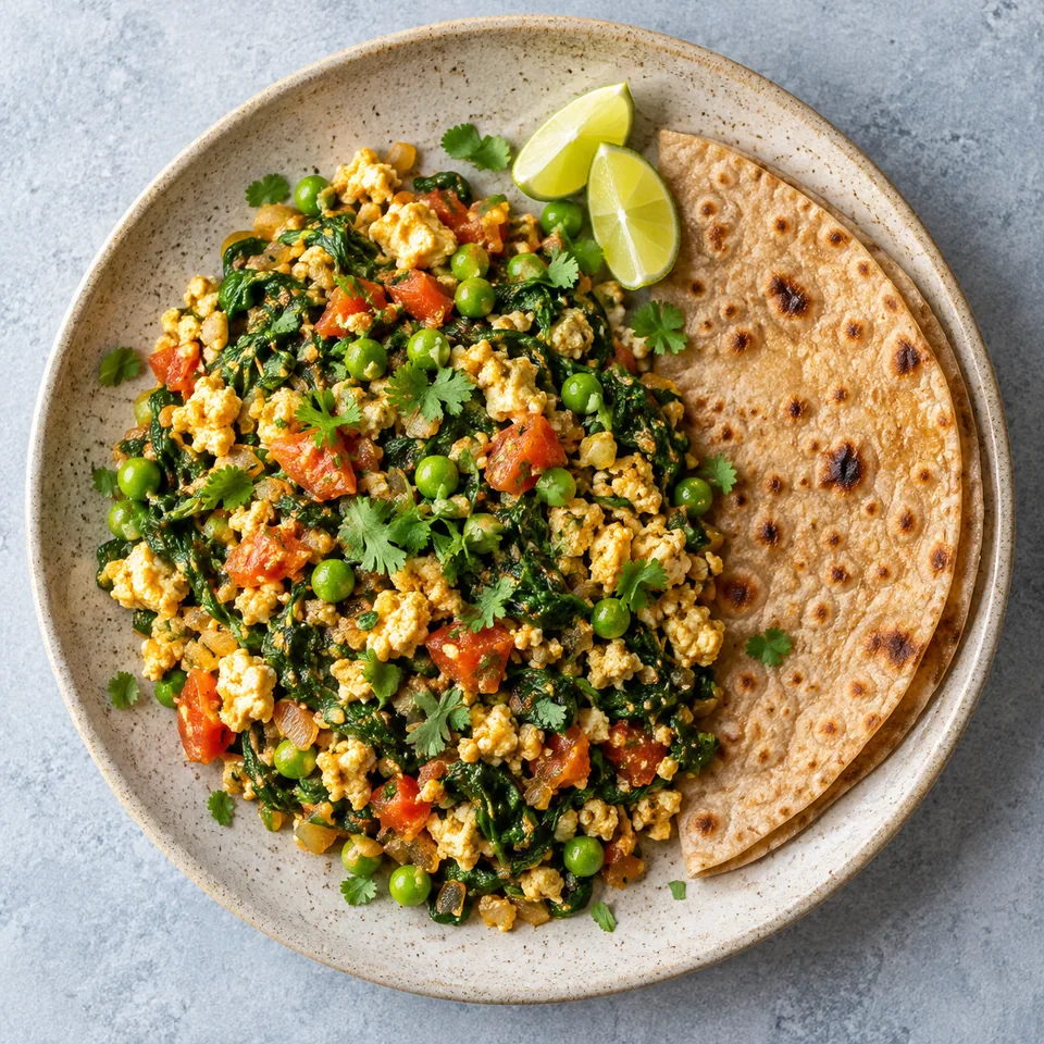 Paneer bhurji aux épinards et petits pois servi avec un chapati, garni de coriandre et citron vert sur une assiette beige moucheté.
