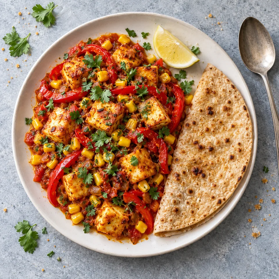 Paneer, maïs et poivrons au masala : dés de paneer dorés, maïs, poivrons rouges et sauce tomate sur assiette blanche, garnis de coriandre et chapati.