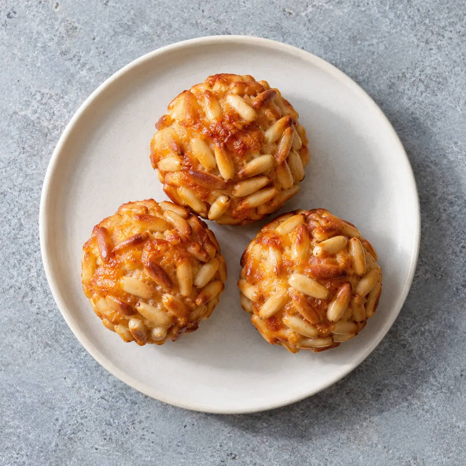Trois panellets catalans à la patate douce sur une petite assiette blanche, recouverts de pignons dorés.