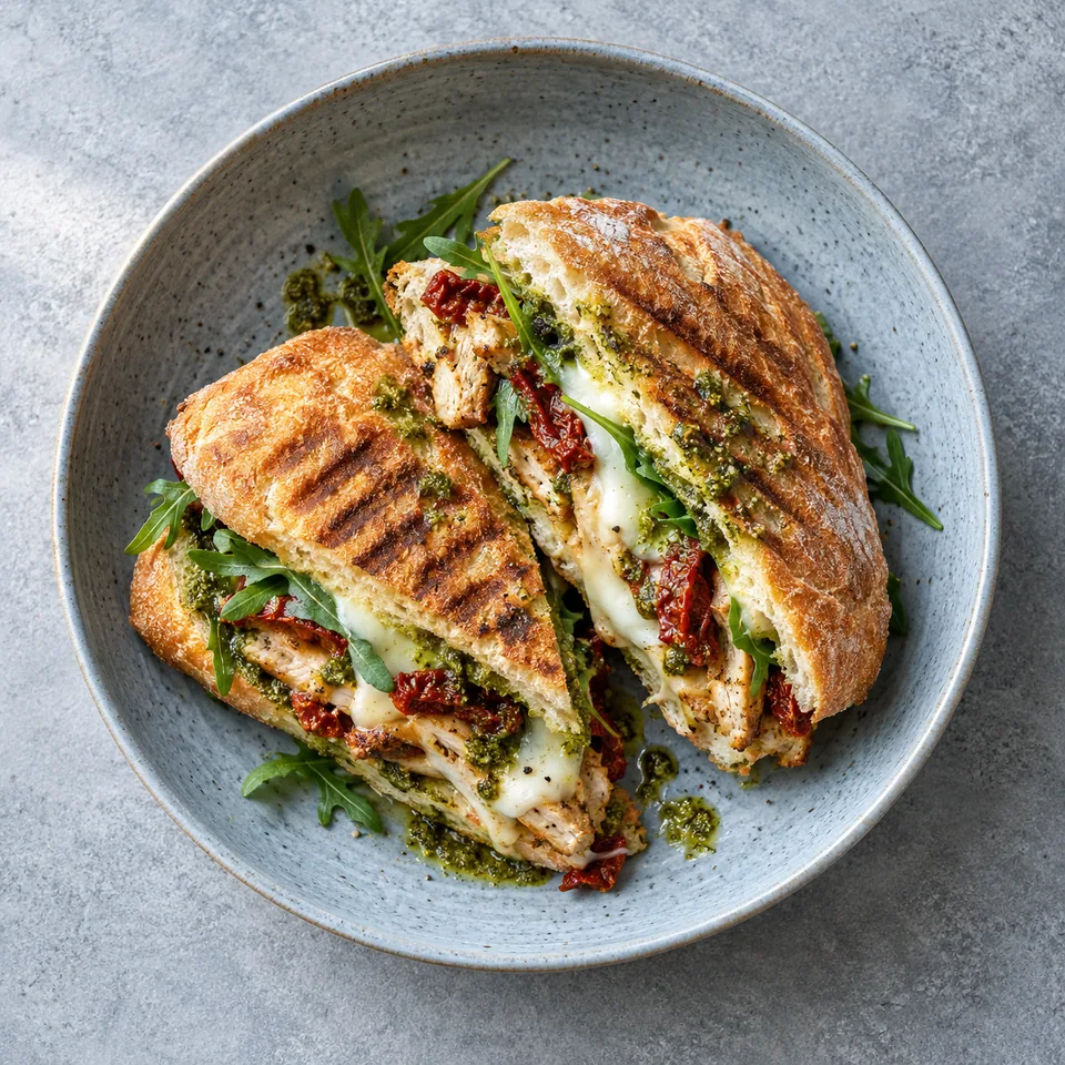 Panini au poulet, pesto, tomates séchées et mozzarella sur assiette bleue, garniture généreuse et pain doré.