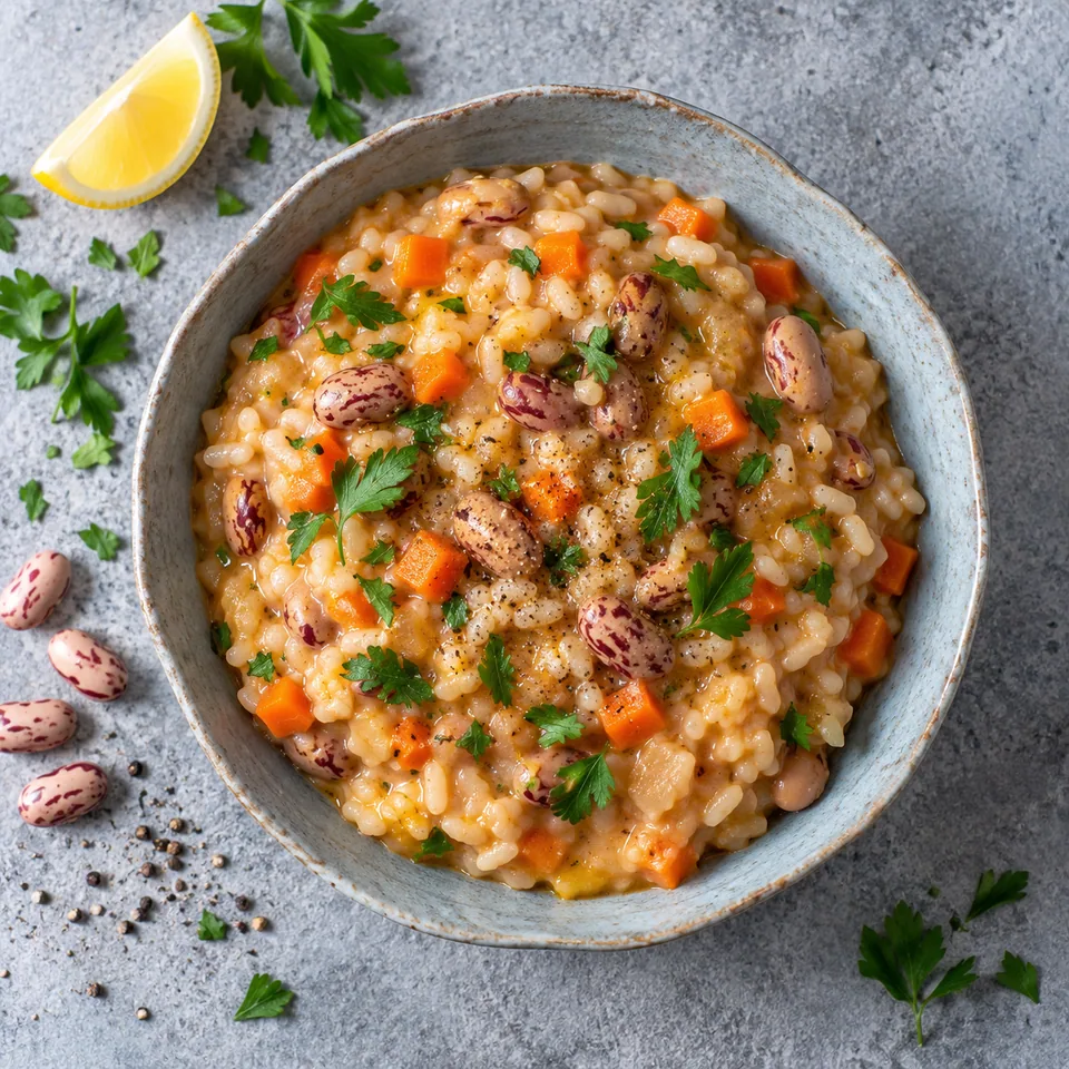 Panissa piémontaise végétale au riz et borlotti dans un bol en grès bleu-gris, garnie de persil et de dés de carotte.