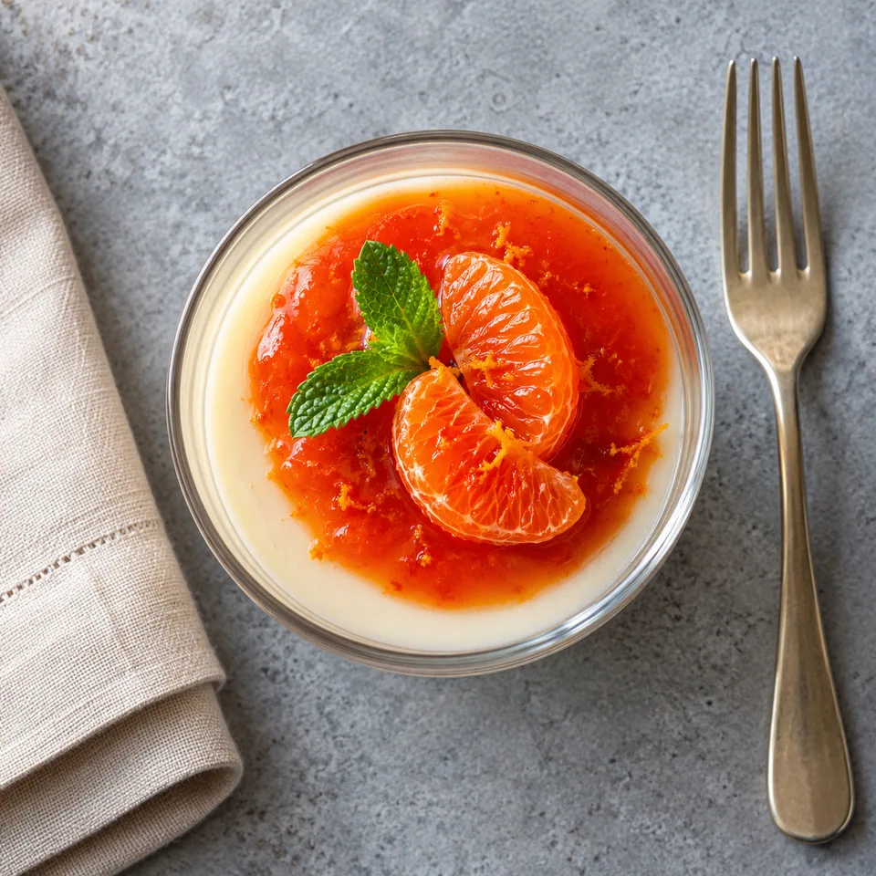 Panna cotta à la clémentine dans une verrine en verre, crème blanche nappée de coulis rouge brillant.