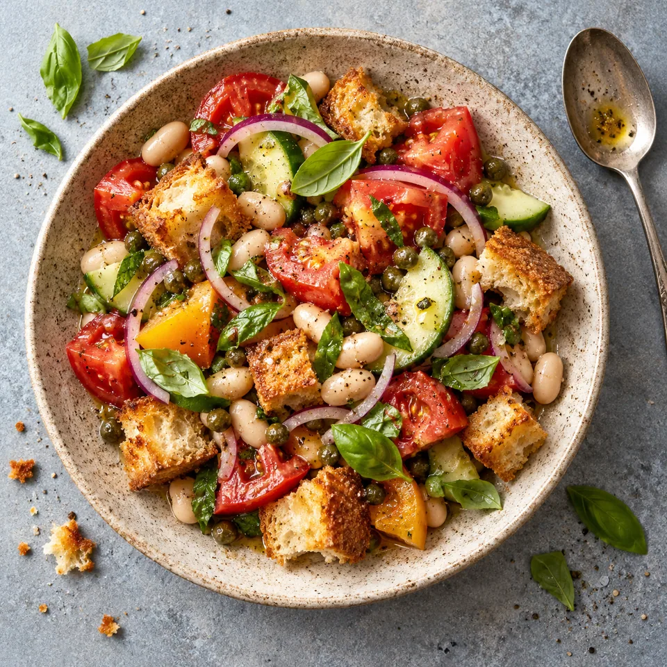 Assiette de panzanella aux haricots blancs, tomates, concombre et basilic sur croûtons dorés.