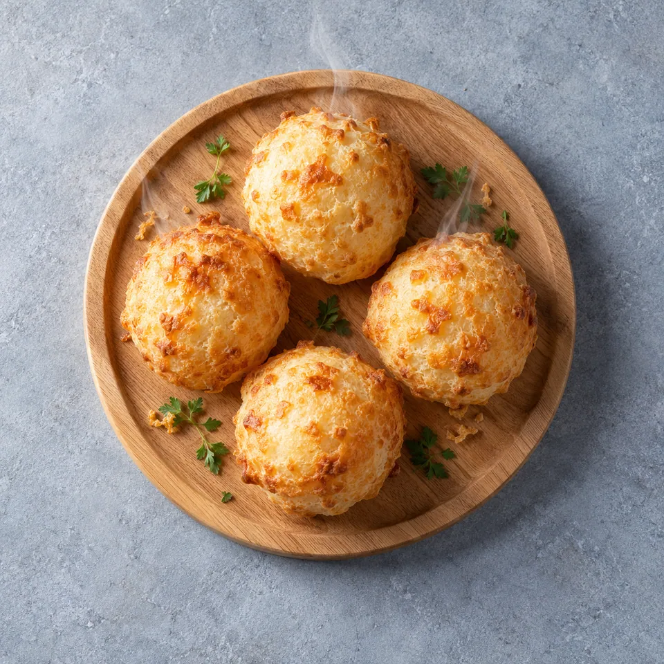 Pão de queijo : quatre bouchées brésiliennes dorées et croustillantes sur une planche en bois.