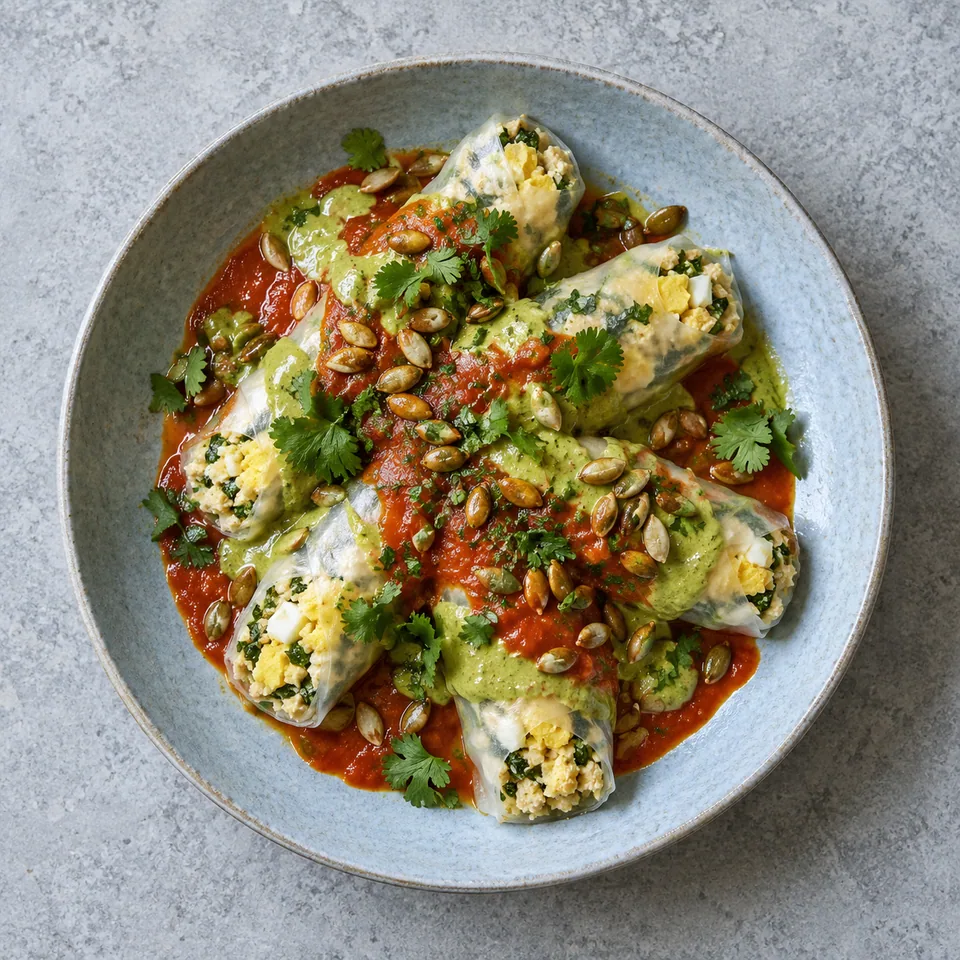 Papadzules aux œufs et feuilles de riz : rouleaux nappés de sauces rouge et verte, parsemés de coriandre et graines de courge.
