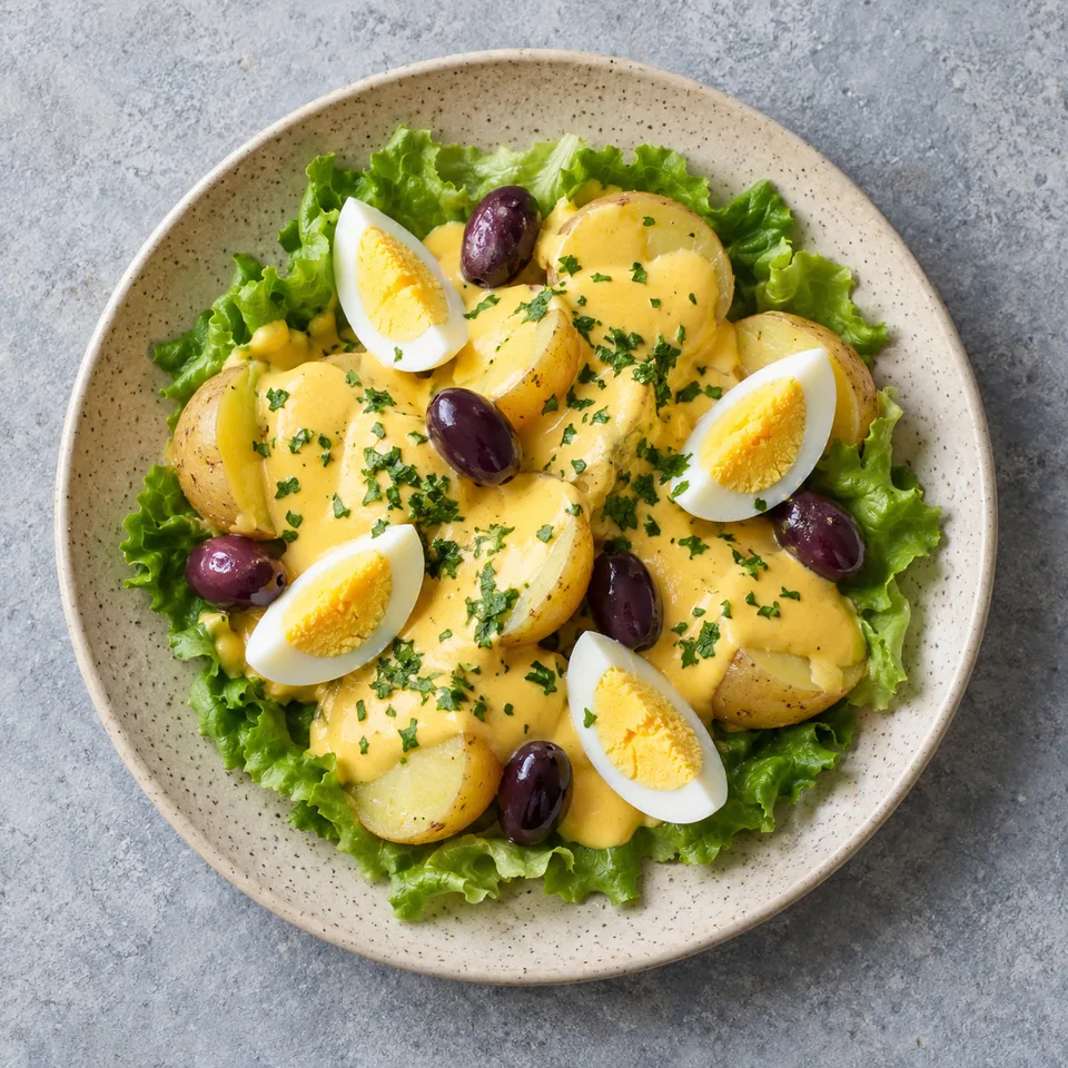Papas a la huancaína : pommes de terre, œufs durs, olives et sauce jaune crémeuse sur laitue dans une assiette beige.