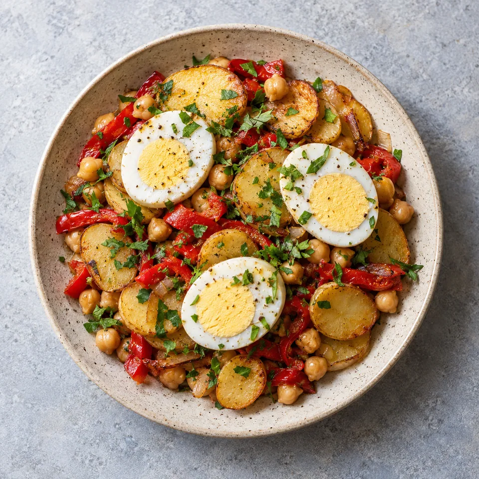 Papas a lo pobre aux pois chiches et œufs bien pris : rondelles de pommes de terre dorées, pois chiches, poivrons rouges et trois œufs cuits sur une assiette beige mouchetée, parsemée de persil.