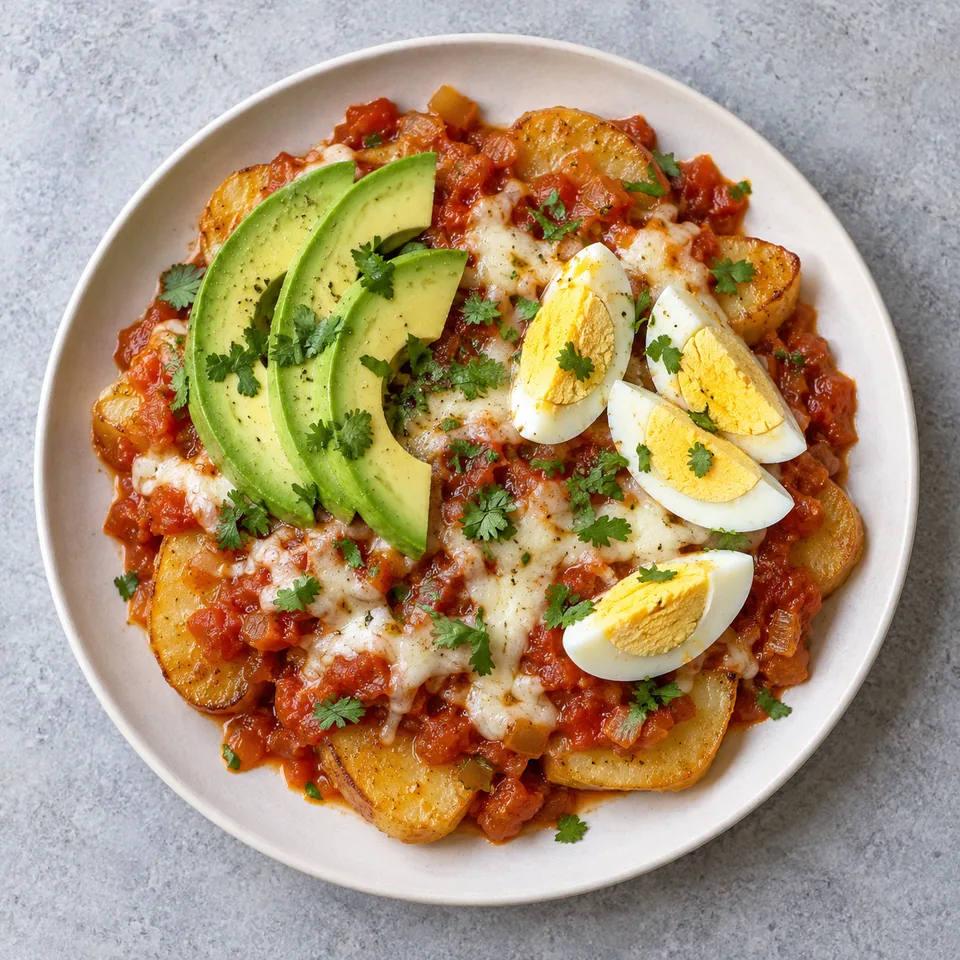 Papas chorreadas : pommes de terre à la sauce tomate-fromage, œufs durs, avocat et coriandre sur assiette blanche.