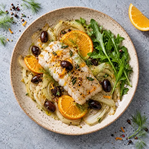 Papillote de cabillaud au fenouil, orange et olives