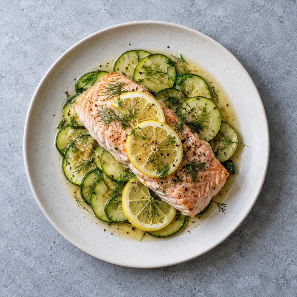 Papillote de saumon aux courgettes : pavé de saumon sur rondelles de courgette, citron et aneth.
