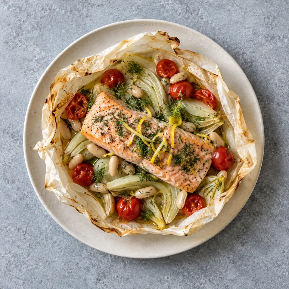 Papillote de truite avec fenouil, haricots blancs, tomates cerises rouges, aneth et zestes de citron.
