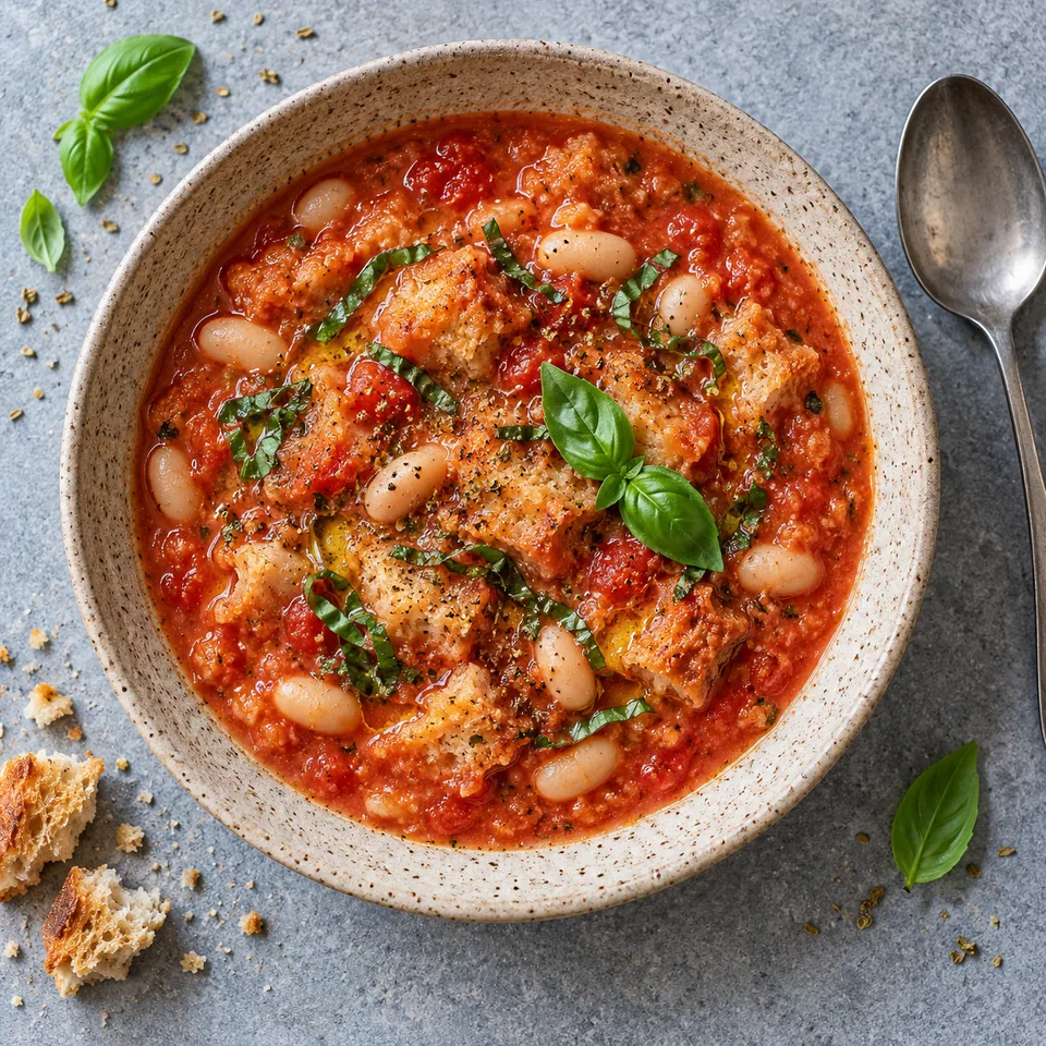 Assiette de Pappa al pomodoro aux haricots blancs et basilic, soupe épaisse rouge avec pain et haricots visibles.