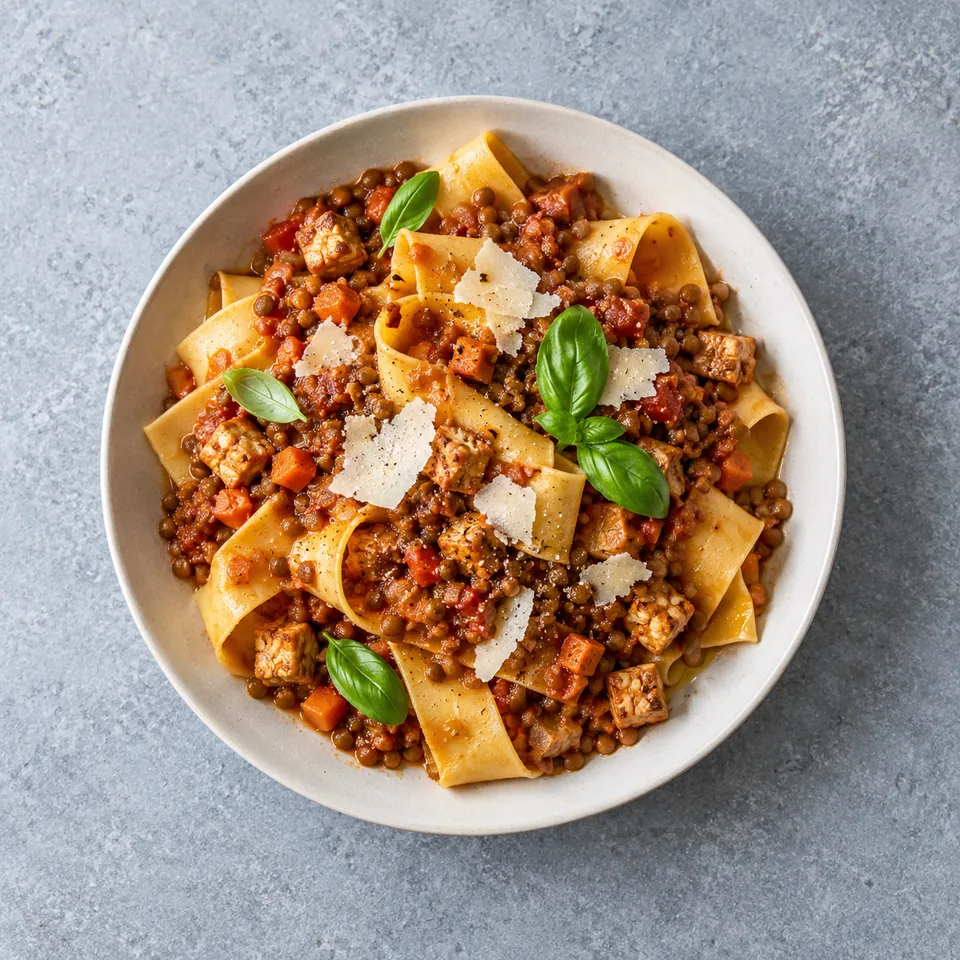 Assiette de pappardelles sauce bolognaise veggie avec tofu, lentilles, parmesan et basilic.