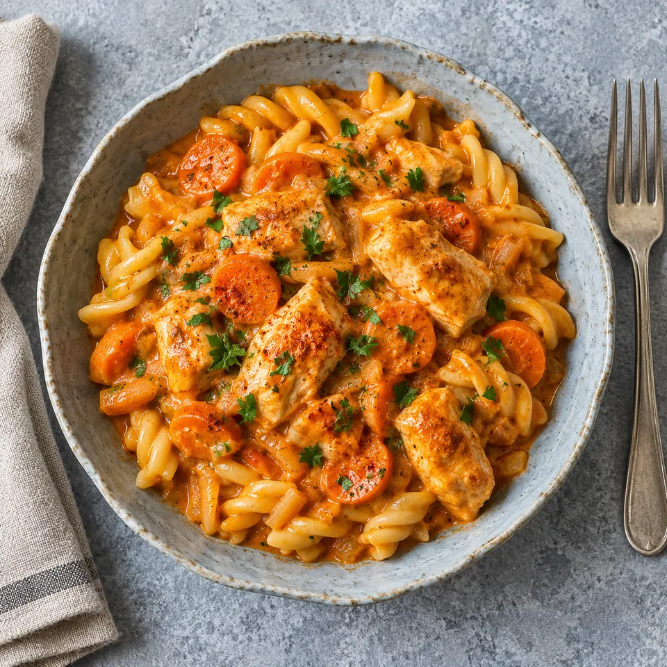 Paprikás de poulet à la hongroise avec pâtes dans un bol bleu-gris, sauce crémeuse orange, poulet et carottes.