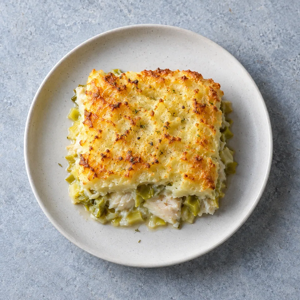 Parmentier de cabillaud aux poireaux : purée dorée et gratinée sur un lit de poisson et légumes fondants.