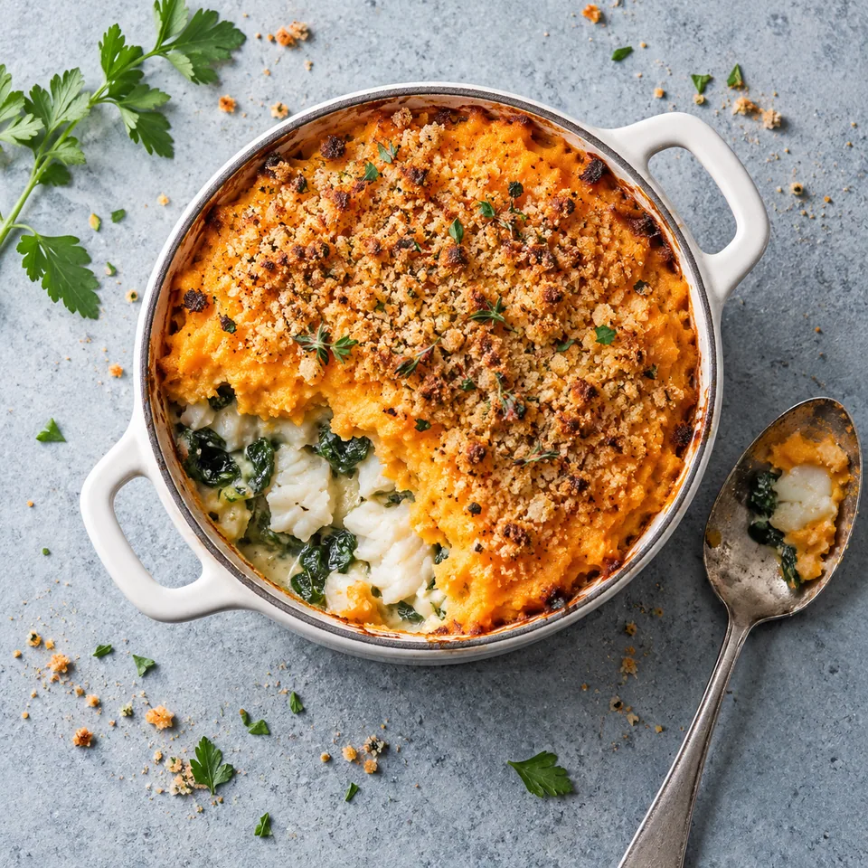 Parmentier de poisson à la purée de carottes : portion dans une cocotte avec chapelure dorée et épinards verts.