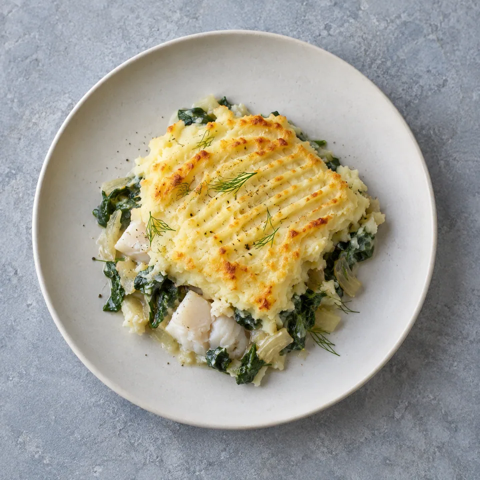 Parmentier de poisson aux épinards : portion à la purée striée et dorée, laissant voir aux bords le poisson blanc et les épinards.