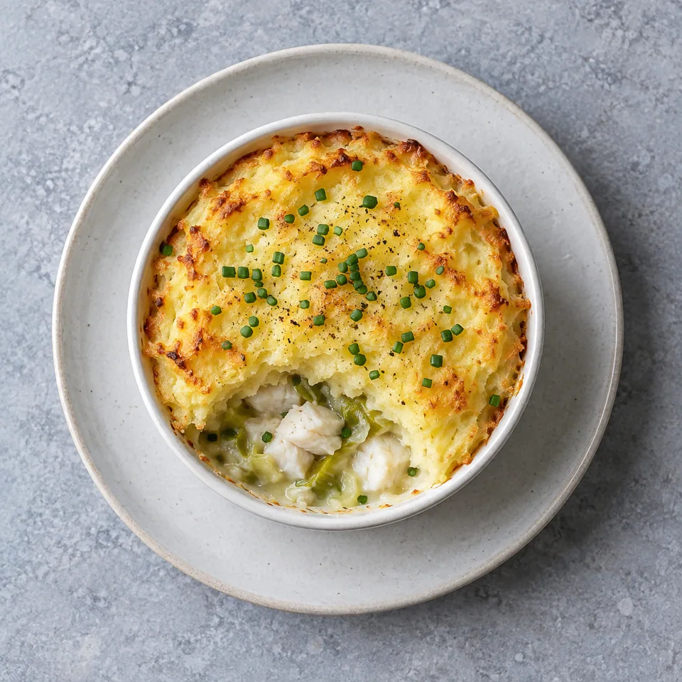Parmentier de poisson aux poireaux : un ramequin de cabillaud et poireaux sous une purée légèrement gratinée.