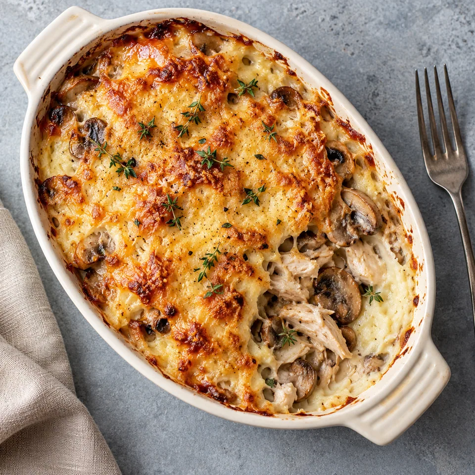 Parmentier de poulet aux champignons et purée de céleri, gratiné doré dans un plat ovale blanc cassé.
