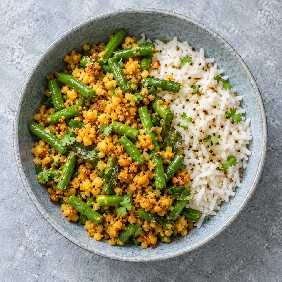 Assiette de paruppu usili : lentilles corail émiettées dorées et croustillantes, haricots verts et riz basmati sur assiette grise.