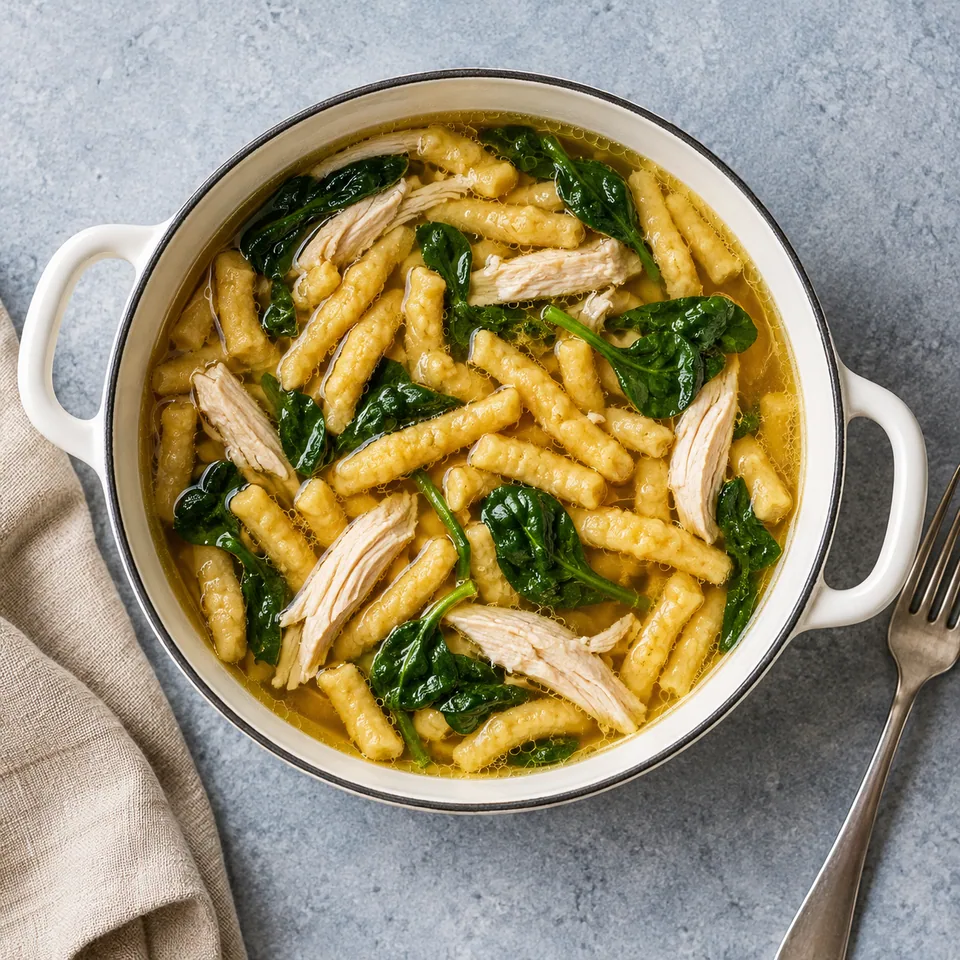 Passatelli in brodo : bouillon clair avec pâtes en boudins, poulet émincé et épinards dans une cocotte blanche.